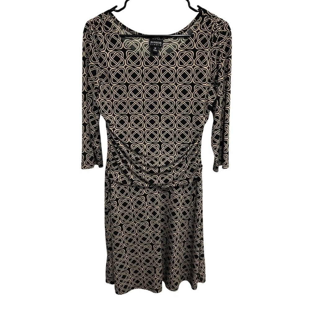 En Focus Studio Black Tan Geometric Print Ruched Waist Dress Size 12